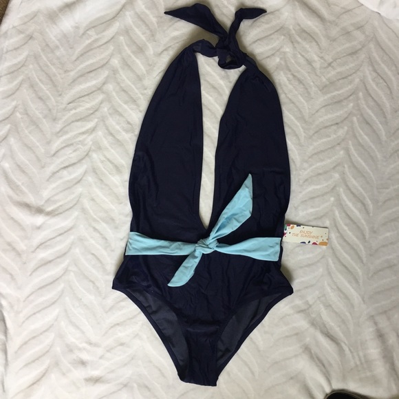 🛍 One-piece Navy Swimsuit Deep V Blue Tie - Picture 2 of 9